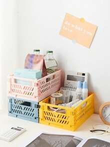 1pc Mini Foldable Storage Basket, Desktop Organizer Box, Portable Multi-Function Solid Color Storage Bin For Home/Dorm