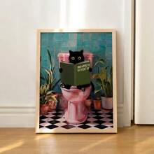 1 pièce Impression sur canevas de chat de salle de bain optionnel avec cadre lisant sur les toilettes. Affiche d'art mural drôle de décoration animale. Décoration de maison, cadeau. Avec ou sans cadre réutilisable.