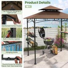 8 X 5 FT BBQ Grill Gazebo W/ 2 Side Shelves Storage Basket Hanging Hooks Outdoor - Brown and Black - View 9