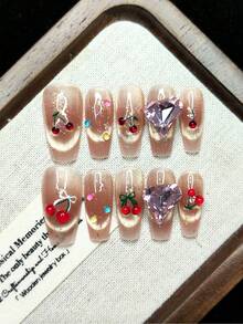 Handmade Wearable Nails, Press-On Fake Nails, Glitter, Faux Cherry, Big Heart Rhinestone, Bow Tie, AB Version, Fashion High-End, High-Grade Cat Eye Effect, Reusable For Women - Pink - View 5