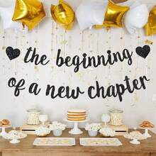 Pancarta brillante "El comienzo de un nuevo capítulo", decoraciones para la fiesta de despedida de papel, rosa dorado/dorado/negro, adecuado para graduación, retiro, boda, compromiso, cambio de empleo - Multicolor - Ver 4