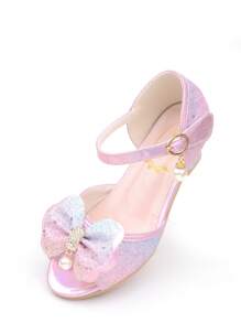 Girls' Crystal High Heel Sandals, Princess Shoes With Bowknot, Colorful Dress Shoes With Sequins