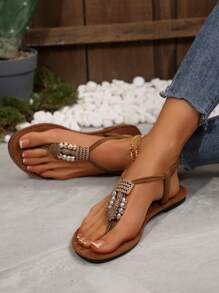 Sandalias romanas de mujer con boucle en los dedos, con cuentas y estilo bohemio, para usar en la playa, resort y primavera/verano