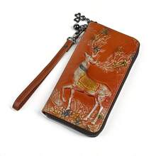 Vintage Deer Head Embossed Genuine Leather Zipper Wallet Large Capacity Clutch Purse With Multiple Card Slots For Women Mini Wallet Purse Wallet Long Wallet Keychain Wallet Wristlet Wallet