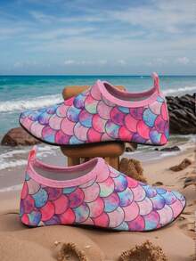 1 双女童橡胶底防滑水上乐园可爱水鞋，卡通鲨鱼图案水下，沙滩透气游泳软底儿童潜水袜，漂流浮潜瑜伽鞋和婴儿学步鞋 - 彩色 - 查看 5