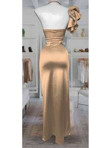 Long Dress With Sweetheart Neckline - Beige - View 4