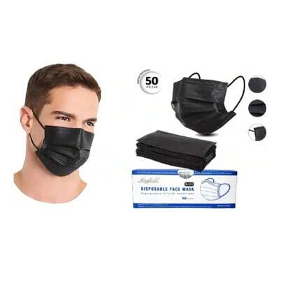 50 piezas de cubrebocas Mayfield tricapa termosellado en color negro, calidad premium, ultra comodidad en orejas y ajustador nasal para un perfecto ajuste, mascarillas desechables,