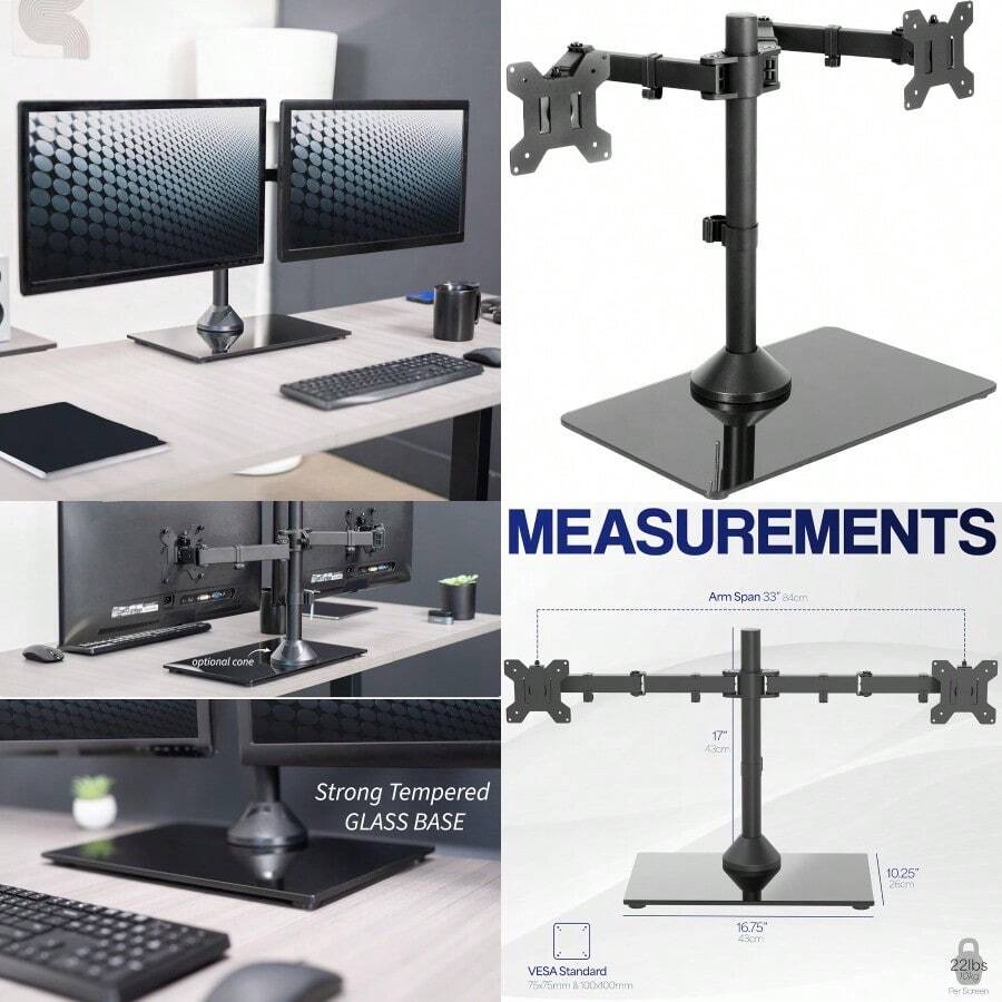 Freestanding Dual Monitor Stand With Sleek Glass Base And Adjustable Arms Mounts 2 Screens Up To 32 Inch And 22 Lbs Each Black STANDV002FG - Black - View 1