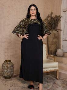 2026新款斋月传统优雅奢华金色串珠刺绣花卉边饰圆领女式长袍 - 黑色 - 查看 6