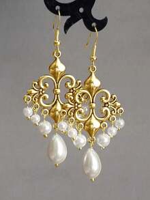 2 件经典优雅金色金属宫殿巴洛克风格泪滴形仿珍珠吊坠耳环，适合女士、派对礼物、日常佩戴 - 金色 - 查看 12