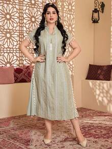 2026 New Style Ramadan Traditional Elegant Green Robe, V-Neck, Tasseled, Embroidered With Golden Sequins, Graceful Arabic Women Clothing JALABIA - Mint Green - View 7