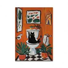 1 pièce Impression sur canevas de chat de salle de bain optionnel avec cadre lisant sur les toilettes. Affiche d'art mural drôle de décoration animale. Décoration de maison, cadeau. Avec ou sans cadre réutilisable.