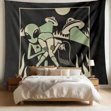 1 pezzo Tappezzeria da parete in poliestere a tema alieno, design UFO, per decorazione della casa nel soggiorno o camera da letto, colori nero e verde, tema cosmico unico e elegante, tessuto leggero, tappezzeria da appendere alla parete