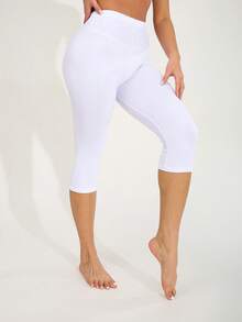 3 Packs Women Casual Stretchy Leggings, White Solid Color Tight Pants Suitable For Sports, Fitness, Outdoor, Vacation, Home Workout, Squats, Pushups, Running, Yoga, Hiking, Cycling. Soft, Comfortable, High Elasticity - 白色 - 查看 4