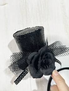 1pc Black/Red Miniature Top Hat Headband, Adorable Bow & Mesh Decor, Suitable For Party, Gathering, Tea Party, Teen BBQ, Music Festival - Multicolor - View 7