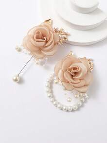 1pc Champagne Tea Flower Brooch + 1pc Wrist Corsage Set, Beige Rose Decor Bride, Bridesmaid, Wedding, Party, Daily Floral Accessory - Champagne - View 7