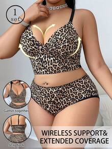 Plus Size Everyday Casual Printed Underwear Set - Brown - View 1