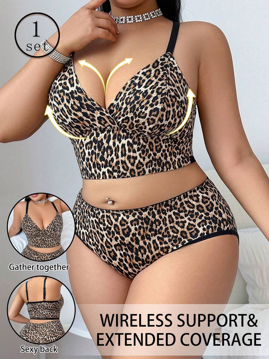 Plus Size Everyday Casual Printed Underwear Set - Brown - View 1