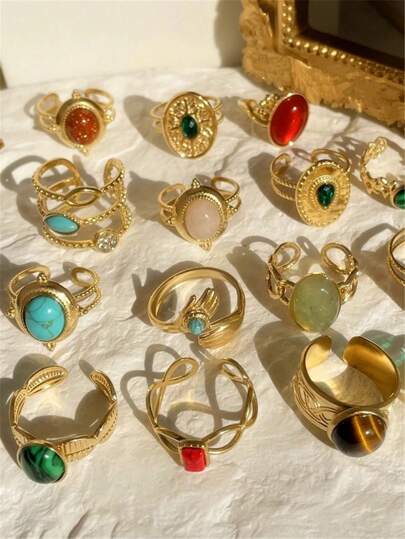 1 Stück Vintage farbiger Natursteinring, ovales geometrisches unregelmäßiges offenes Ring-Set aus rostfreiem Stahl, goldplattierter Schmuck als Geschenk für Frauen