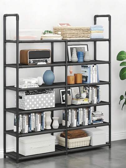 1pc Black Metal Shoe Rack, 40" Wide, Adult & Kids Storage Sections, Minimalist, Dust-Proof, Sturdy, Fashion, Easy Assemble & Carry, Suitable For Living Room, Bedroom, Entryway, Office, Home Storage, Multi-Tier, Holiday & Kids Gift