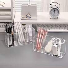 1pc Acrylic Storage Tray With 3 Compartments, Transparent Plastic Cutlery/Stationery Holder, For Organizing Cutlery, Makeup Brushes And Stationery, Suitable For Party, Office, Kitchen, Study Counter