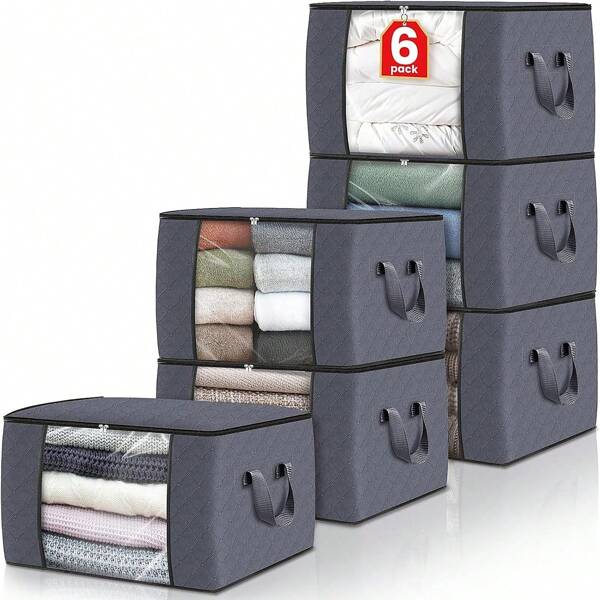 1/2/3/4/5/6 Piezas Bolsa de tela plegable y gruesa para almacenamiento de ropa, usada para organizar dormitorios, armarios, ropa, mantas, contenedores de almacenamiento con asas, color gris