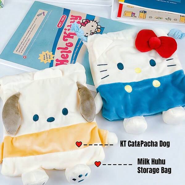 Sanrio 1 pezzo / Carino sacchetto portaoggetti in peluche con laccio, borsa cosmetica KT cat, borsa con laccio cane Pacha portatile, portamonete, astuccio per matite, borsa da scuola