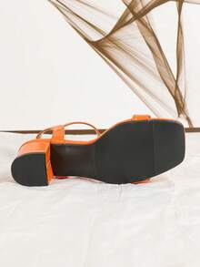 New Fashion Women Orange Patent High Heel Sandals With Ankle Strap, Square Toe, Thick Heel, Suitable For Vacation & Casual Wear - Orange - View 6