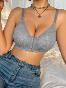 Full Bust Wirefree Bra - Front Hook & Adjustable Straps | Supportive Ribbed Design With Fixed Pads-Engineered For C-E Cups (1 Piece)