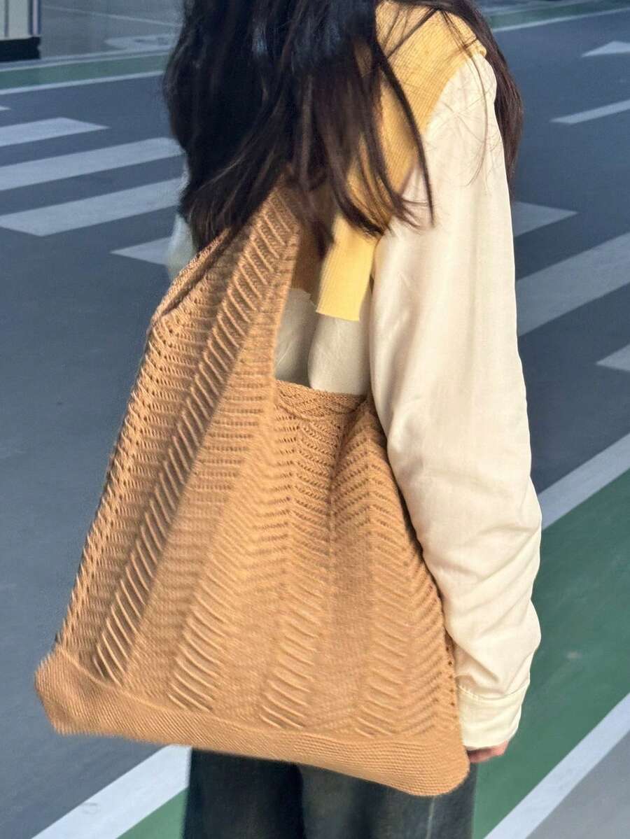 Summer Vacation Beach Bag, Large Capacity Shoulder Bag, Elegant Women's Fashion Shoulder Bag, Crochet Woven Travel Bag, Travel Essentials, Mother's Day Gift, Wedding Season Bridesmaid Gift Bag, Lunch Bag For College Students, Business Women - View 1