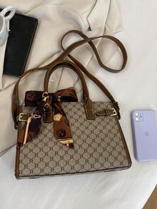 3 件套格子 PU 皮革托特包单肩包，时尚百搭优雅手提包适合中年女性日常使用，大容量 - 灰色 - 查看 9