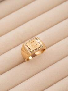 1pc Luxury Style 26 Letter Block Single-Sided Exquisite Cubic Zirconia Embellished Open Ring, Delicate Jewelry Accessory Suitable For Teenagers Daily Wear, 26 Initial Letter Ring Is An Ideal Gift For Friends - Gold - View 23