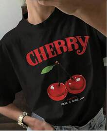 Camiseta Para Mujer Con Estampado De Cherry, Camiseta Estampada De Cuello Redondo Y Manga Corta Para Mujer, Top Fashion De Moda Para Toda Ocasión, Tela Suave Mezcla De Algodón Con Spandex, Ropa De Mujer. - Negro - Ver 1