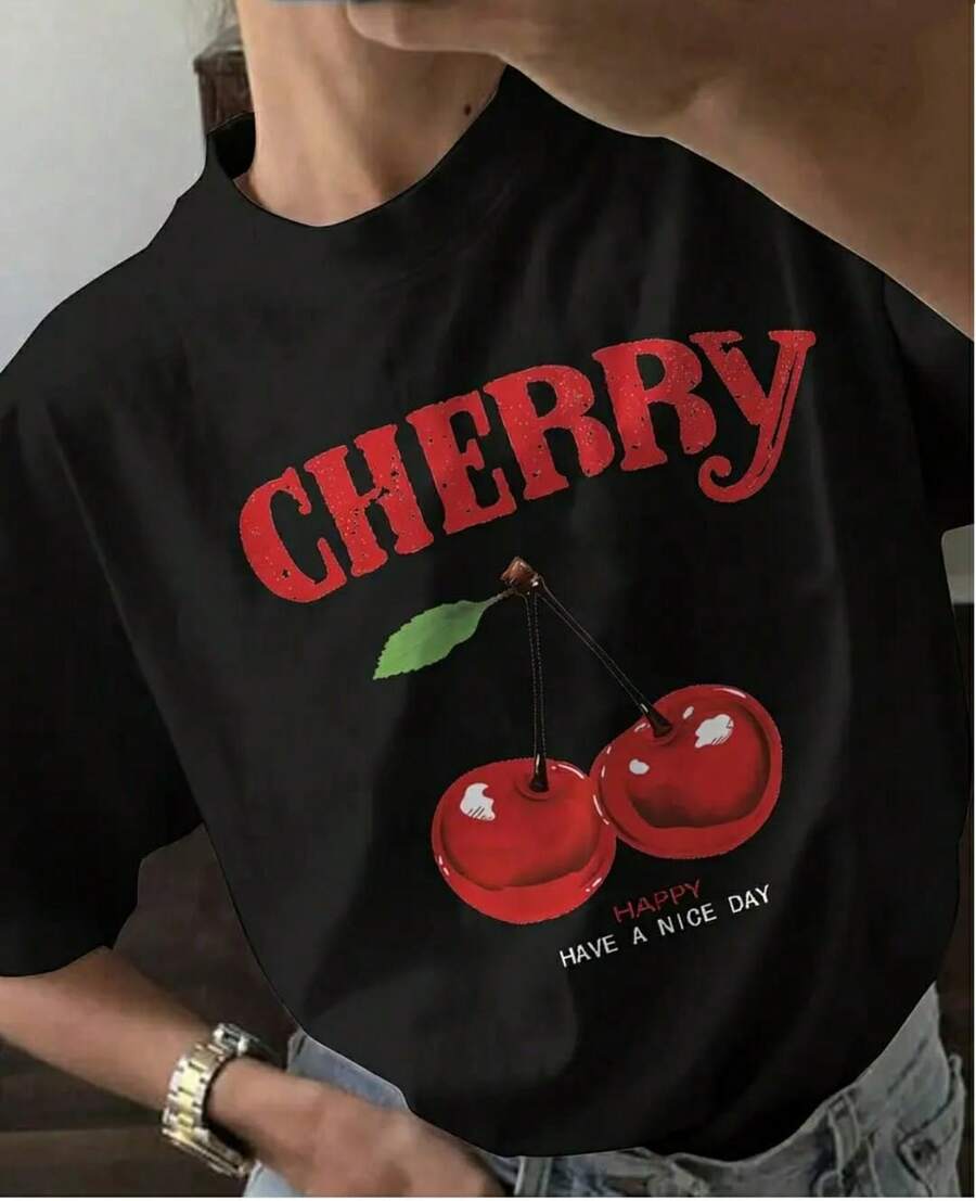 Camiseta Para Mujer Con Estampado De Cherry, Camiseta Estampada De Cuello Redondo Y Manga Corta Para Mujer, Top Fashion De Moda Para Toda Ocasión, Tela Suave Mezcla De Algodón Con Spandex, Ropa De Mujer. - Negro - Ver 1