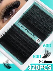Kit de pestañas postizas rizadas y esponjosas con rizado D, 30D+40D+50D+60D+80D, 320 racimos de pestañas de estilo mixto de 10-18mm, set de pestañas dramático para principiantes, reutilizable con pegamento, incluye pincel para pestañas, pinzas y herramientas aplicadoras, ligero, portátil, pestañas listas para exterior