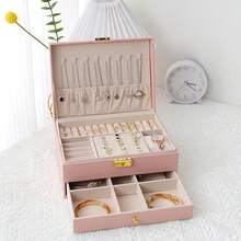 Caja de almacenamiento de joyas de 2 capas de gran capacidad, caja de almacenamiento de joyas portátil, tocador con cajón caja de almacenamiento de joyas, caja de joyas de cuero como regalo, contenedor de almacenamiento y exhibición exquisito, caja de almacenamiento y organización para el baño, cajón de almacenamiento de escritorio - Multicolor - Ver 7