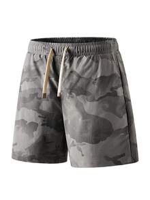1 pieza Pantalones cortos casuales con cordón en la cintura estampados con camuflaje para hombre - Gris - Ver 2