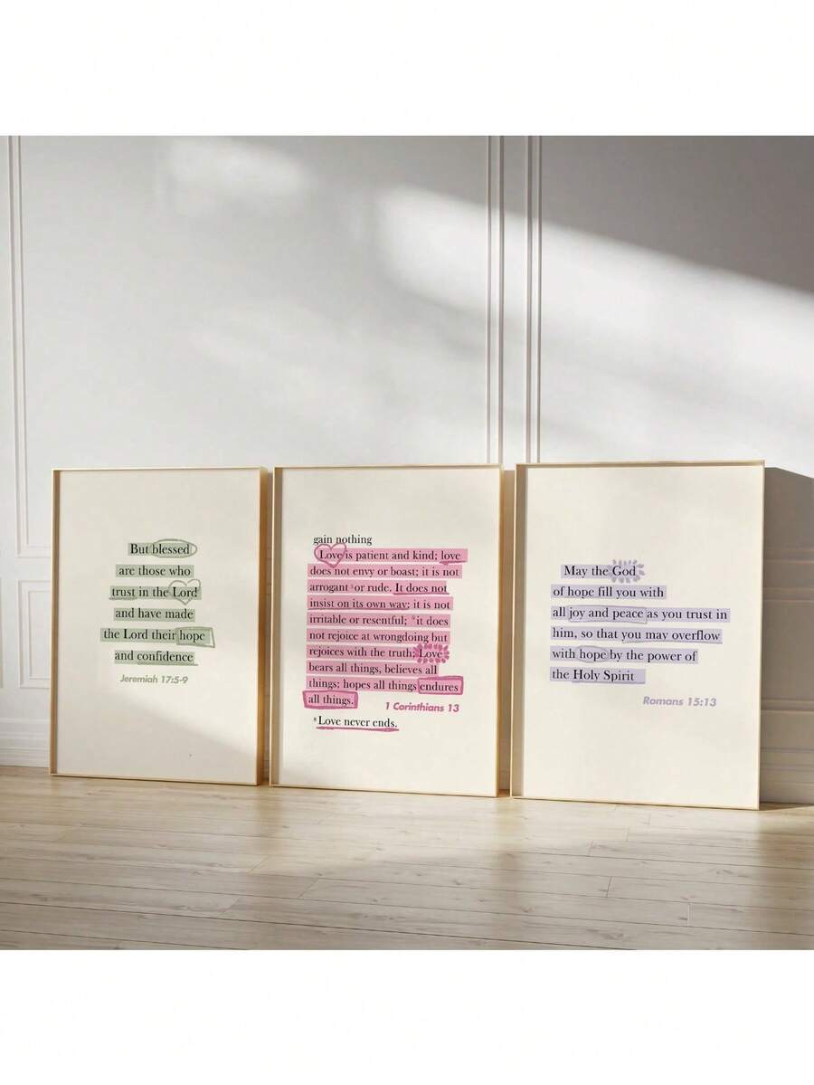 Set Of 3 Verse Wall Art Canvas Paintings Scripture Print Modern Decor Jesus Quote Gift For Her Corinthians Script Poster Gifts Birthday Graduation Optional Frame ,Wall Art With Frame - 3pcs/set - View 1