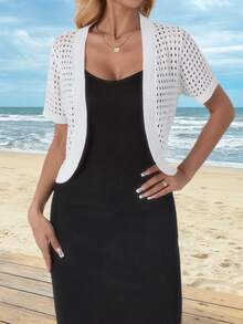 Elegant Solid Mesh Hollow Short Sleeve Cropped Cardigan With Arched Hem - White - View 3