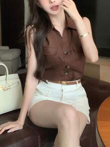 Solid Color Pattern Front Pocket Sleeveless Shirt
