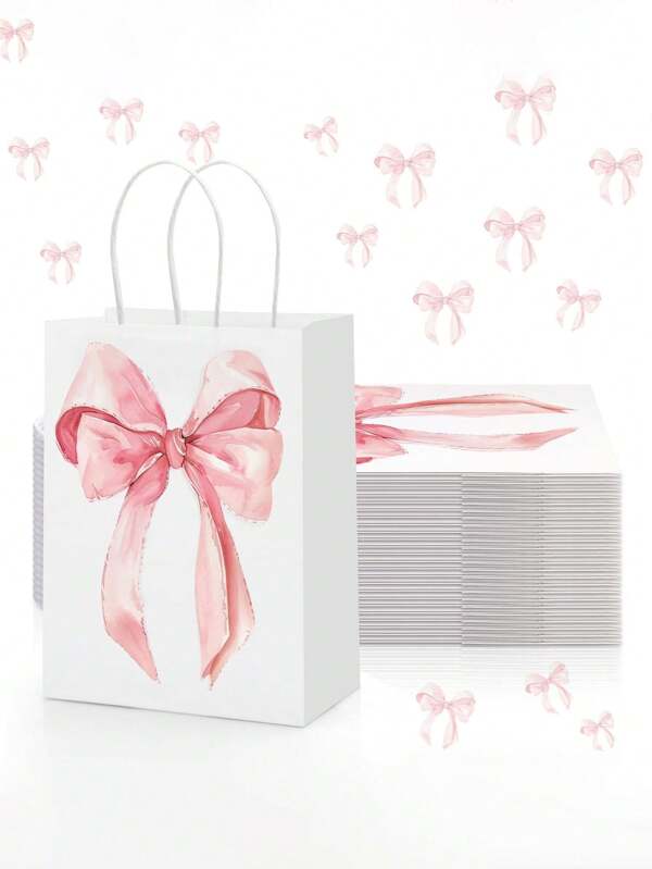 12pcs Pink Bow Paper Gift Bags, Party Gift Bags, Baby Baptism Gift Bags, Pink Gift Bags, Small Paper Bags For Wedding Decoration, Party Supplies, Halloween Gift Bags, Thanksgiving Gift Bags, Autumn Carnival Gift Bags