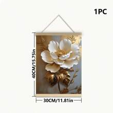 1 pieza, Pintura colgante de lienzo, Pintura decorativa enmarcada, Póster, Arte de pintura de óleo floral blanca elegante con hojas doradas - Decoración de pared abstracta moderna para sala de estar, dormitorio, oficina, etc. - Pintura al óleo enmarcada en HD, regalo perfecto para Halloween, Acción de Gracias, Navidad, decoración de habitaciones, pasillo, cafetería, biblioteca, baño