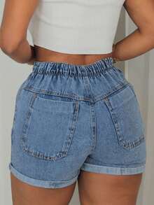 Traditional Denim Shorts With Elastic Waistband - Blue - View 2