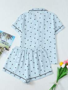 2pcs/Set Comfortable Mini Dot & Bow Print Lapel Button Short Sleeve Top With Pocket And Bow Shorts Pajama Set For Women, Suitable For Home Use, Spring/Summer - Blue - View 2