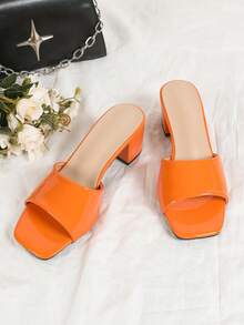 حذاء كعب عالي أنيق باللون البرتقالي للنساء، صنادل كعب عالي برتقالية عصرية للصيف، حذاء مول سهل الارتداء بكعب سميك وأصبع مربع، أحذية نسائية لامعة