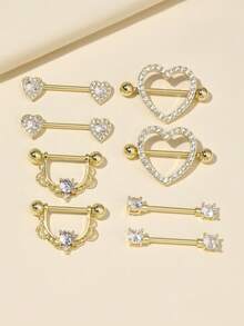 4pcs Heart & Tiny Heart Shaped CZ Stainless Steel Pierced Nipple Rings - Gold - View 1