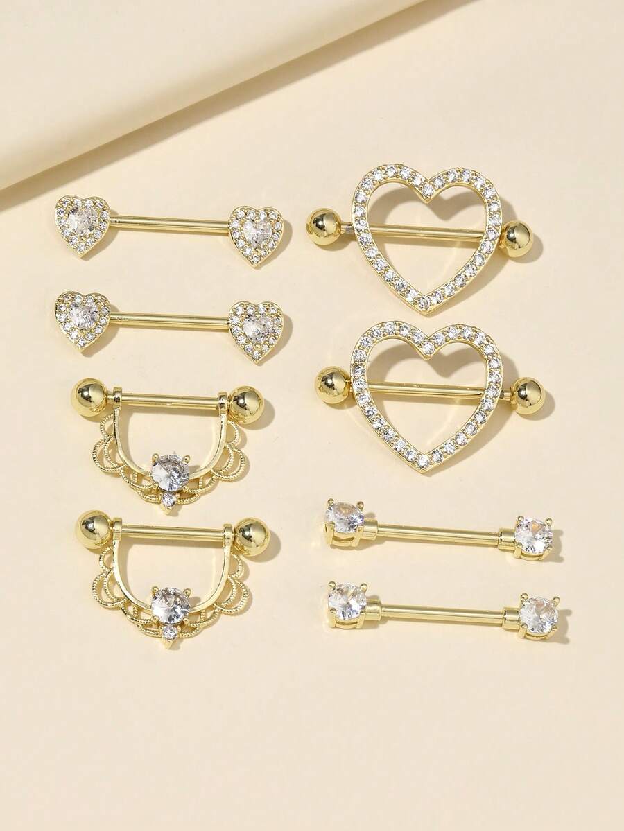 4pcs Heart & Tiny Heart Shaped CZ Stainless Steel Pierced Nipple Rings - Gold - View 1