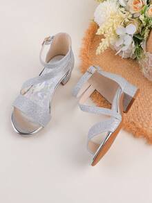 Girls' Sequin Sparkling Silver Ankle Strap Sandals, Kids Dressy Glitter High Heel Open Toe Party Wedding Flower Girl Shoes, Suitable For Toddler, Little & Big Girls - Silver - View 5