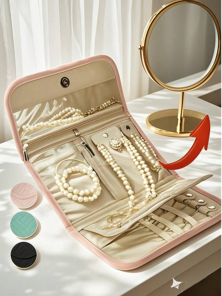 1个可折叠首饰收纳包，实用旅行首饰收纳包，耳环项链戒指首饰袋，首饰卷包，化妆包，防水旅行首饰袋，便携式首饰收纳包，必备旅行配件 - 彩色 - 查看 1