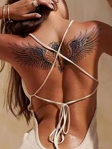 1pc Fashionable Cool Temporary Tattoo Sticker, Semi-Permanent Plant-Based Tattoo, Blue Fake Tattoo One-Time Use, Couple Tattoo, Floral, Chain, Wing Designs, Waterproof Non-Reflective Easy To Use, Highly Realistic, Suitable For Women Or Men On Chest, Waist, Abdomen, Leg, Arm, Lasts 7-14 Days, Music Festival Party Supplies